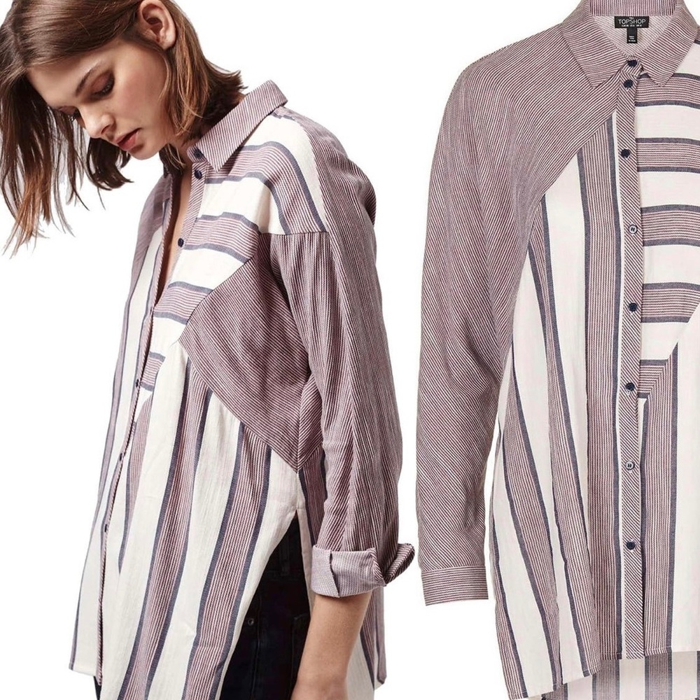 TopShop| Stripe Button Front High/Low Shirt